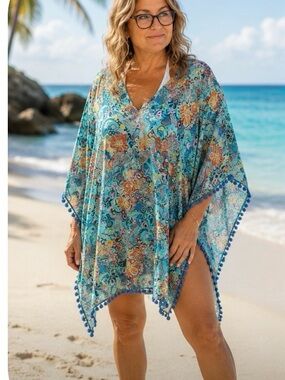 Bleu Rod Beattie Colorful Paisley Kimono Cover-Up with Pom Trim